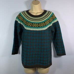 Talbots lambswool blend gingham fair isle sweater 3/4 sleeve teal gray size s